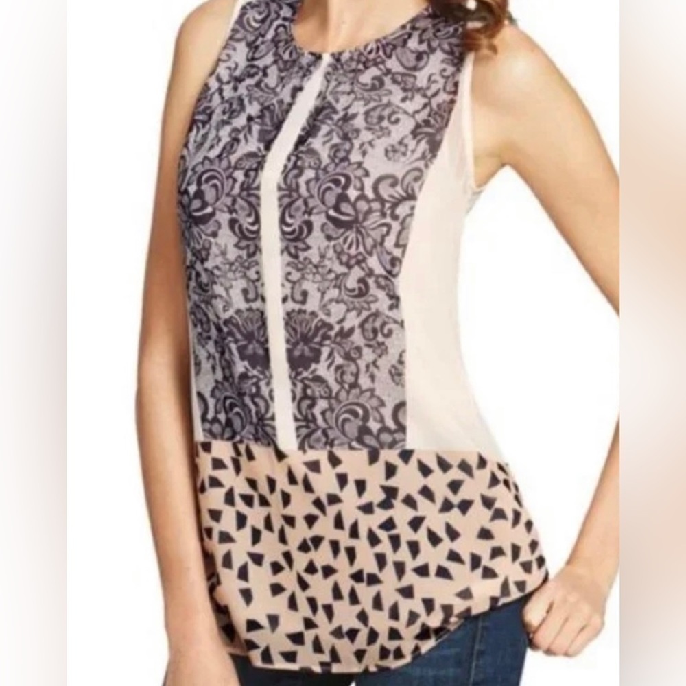 CAbi NWT #938 Animal Print Sleeveless Tunic Lace Print Blouse Cream Tan Gray Med